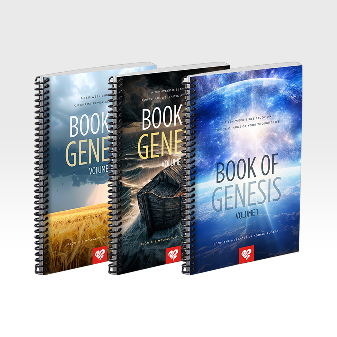Three-volume Book of Genesis Bible study set by Adrian Rogers showing all three study guide covers.