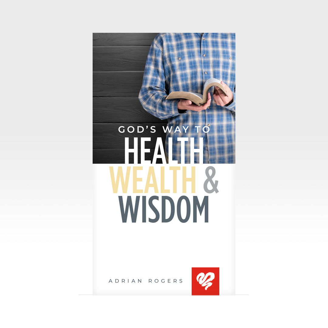 God's Way to Health, Wealth & Wisdom booklet cover—man holding Bible with bold tri-color title